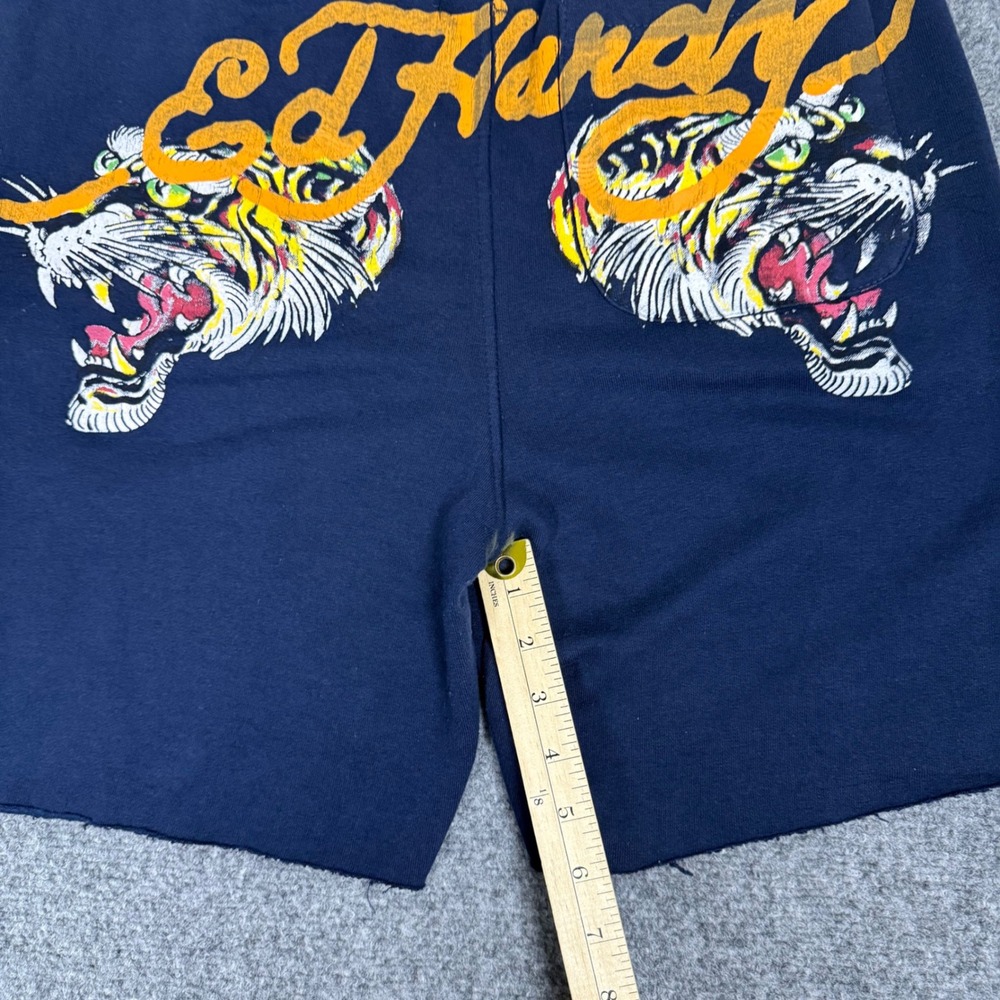 Ed Hardy Men's Tiger Graphic Sweat Shorts Large Blue Cotton Raw Hem Y2K - Picture 5 of 9
